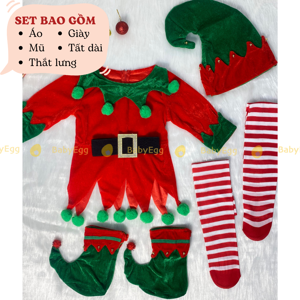 Bộ Noel cho bé, Set đồ Giáng sinh hóa trang Yêu tinh kẹo Full Phụ Kiện Chất Nhung LOẠI 1 set cây thông bé gái Noel 2023