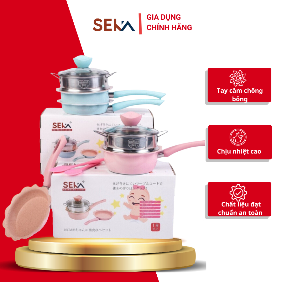 Bộ Nồi Chảo 3 Món SEKA Nấu Ăn Dặm Cho Bé, Chống Dính Tốt Tặng Kèm Vỉ Hấp Dùng Cho Mọi Loại Bếp
