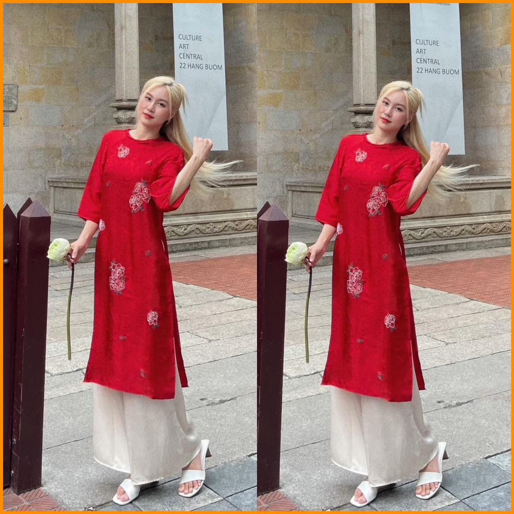 Sét Áo Dài Đỏ Vải Thêu Hoa Cúc Dáng Xuông Tết Cổ Cao Cấp Trẻ Trung Dự Tiệc Lễ Tết