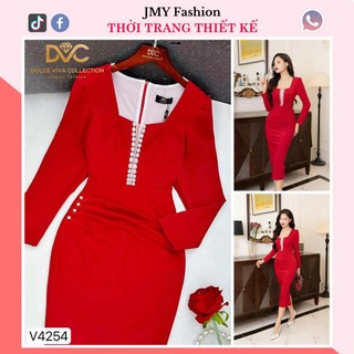 V4254 Váy đầm đỏ body cổ vuông đính hoa ngọc [Dolce Viva Colection (DVC)] đầm ôm body đỏ dài tay sang chảnh