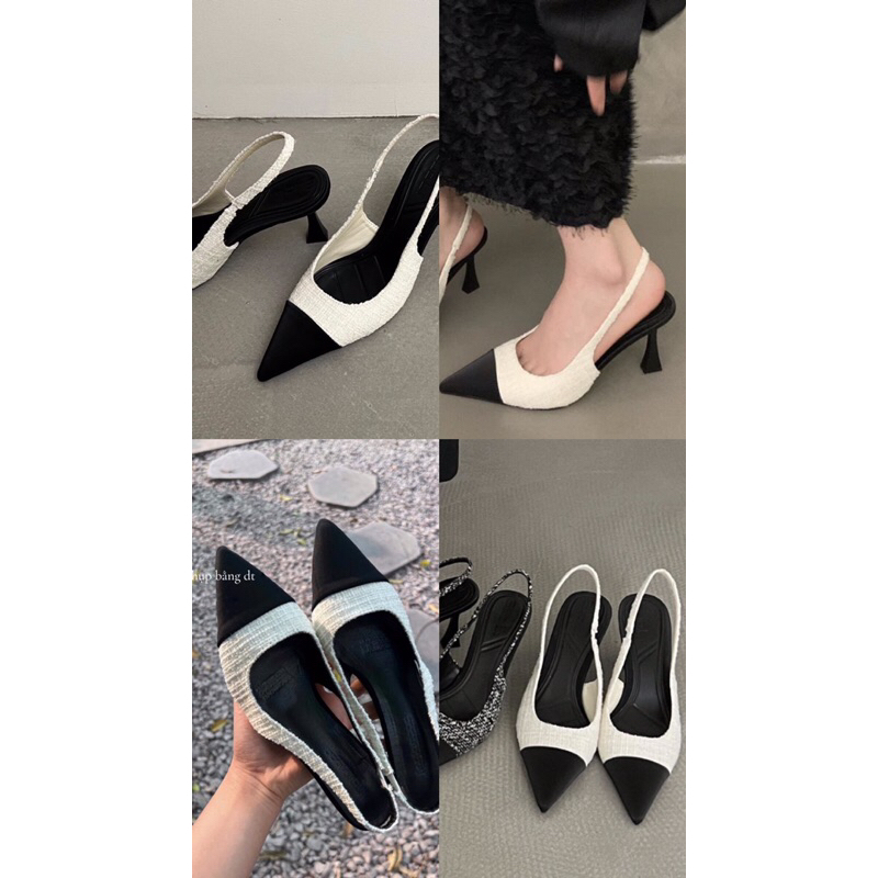 Giày cao gót vải tweed mũi nhọn phối màu hở gót đơn giản hot trend Douyin