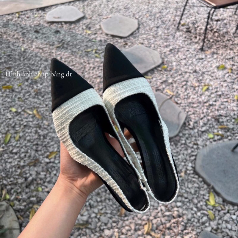 Giày cao gót vải tweed mũi nhọn phối màu hở gót đơn giản hot trend Douyin