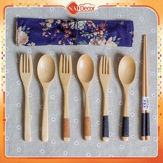 Muỗng nĩa đũa gỗ, túi vải Nai Decor phong cách Nhật - tông sáng, chụp food, dùng ăn uống