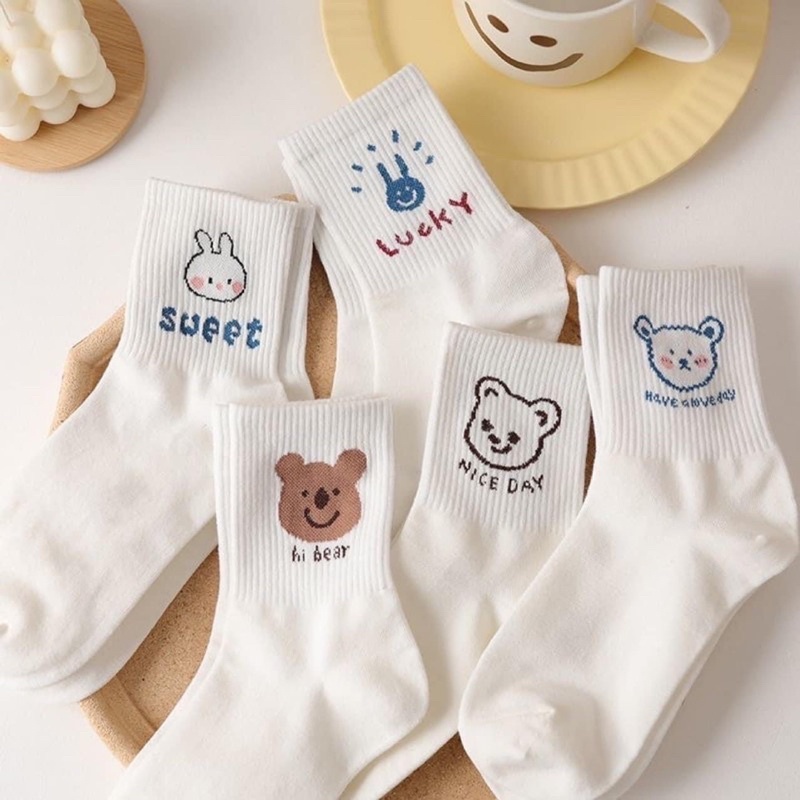 Set 10 đôi TẤT VỚ TRẮNG CỔ CAO in hình GẤU THỎ cute Phong Cách Thời Trang Hàn Quốc