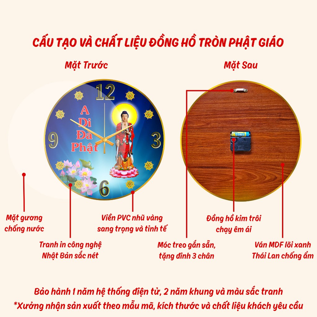 Đồng Hồ Treo Tường Phật Giáo, Kim Trôi 30cm 35cm 40cm, Quà Tặng, Decor Trang Trí Phòng CĐHTPG-01