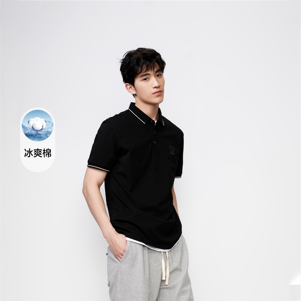 HLAxQee - Áo POLO nam ngắn tay mềm mịn đàn hồi phối logo gấu Elastic soft comfortable solid black Polo shirt
