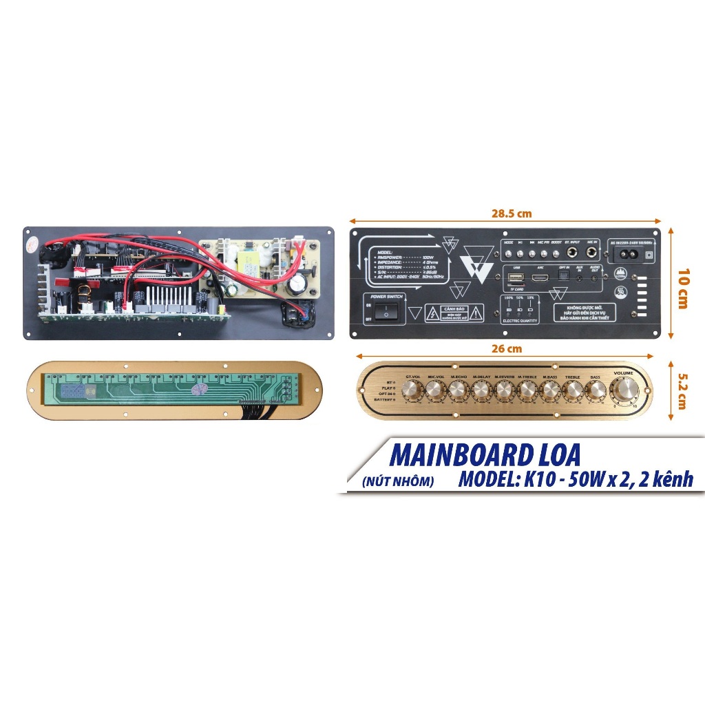 Bo mạch loa xách tay, loa mini K10 100W có Echo Reverb nút nhôm