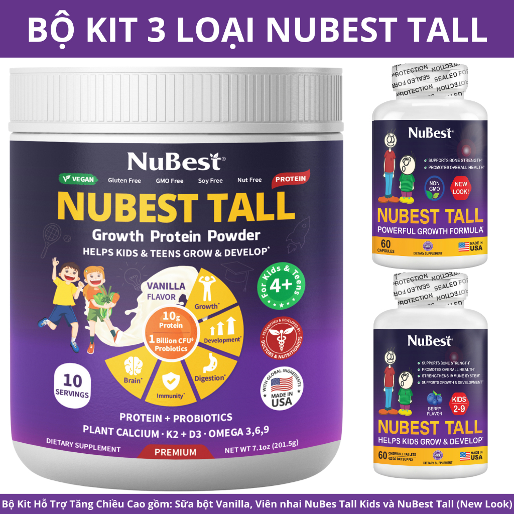 [BỘ 3 SẢN PHẨM] TPBVSK hỗ trợ Tăng Chiều Cao NuBest Tall (New Look), NuBest Tall Kids & Sữa Bột NuBest Tall (Vanilla)