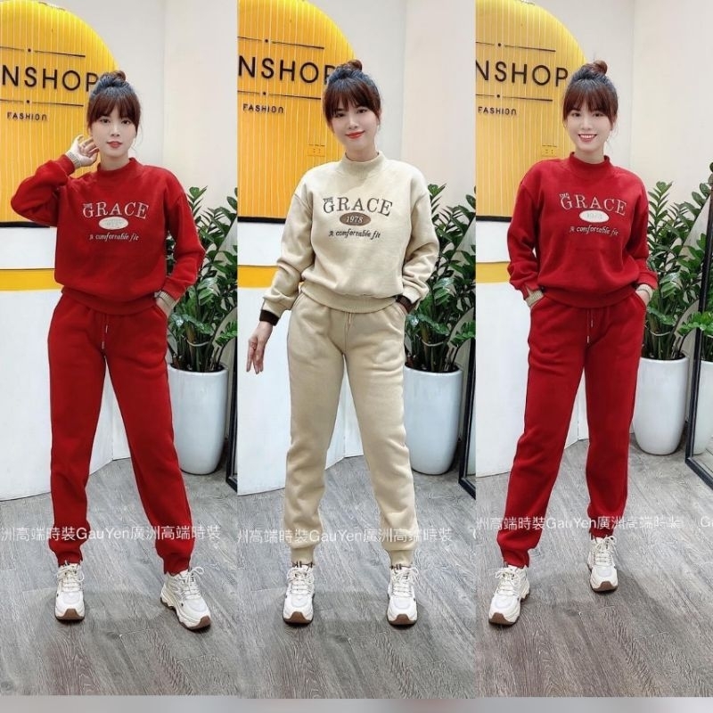 Sét bộ thể thao nữ thu đông chất nỉ tăm lót bông cao cấp  grace quảng châu