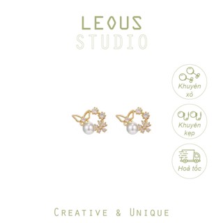Khuyên tai kẹp không bấm lỗ chốt cố định K290 bằng hợp kim mạ vàng hình tròn cánh bướm đính hạt trai dáng ngắn Leous