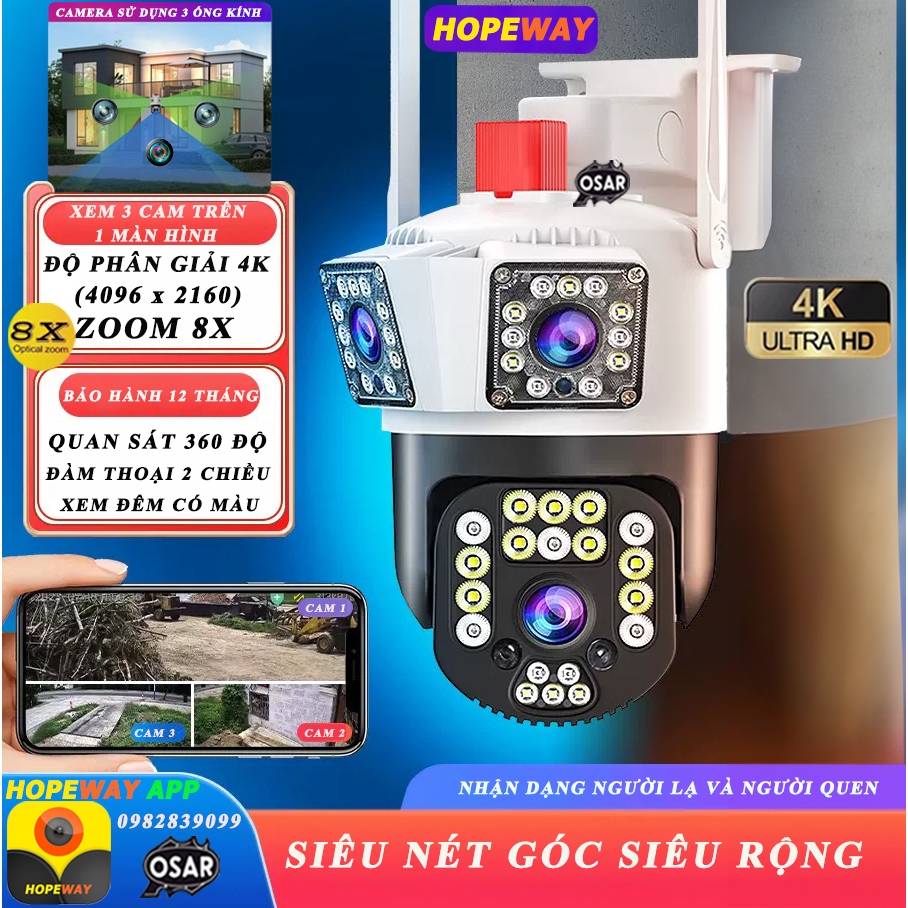 Camera HopeWay PTZ 3 Mắt Độ Phân Giải 4K , Siêu Nét, Xem 3 Màn Hình Cùng Lúc, Đàm Thoại 2 Chiều, Chống Nước , Hồng Ngoại