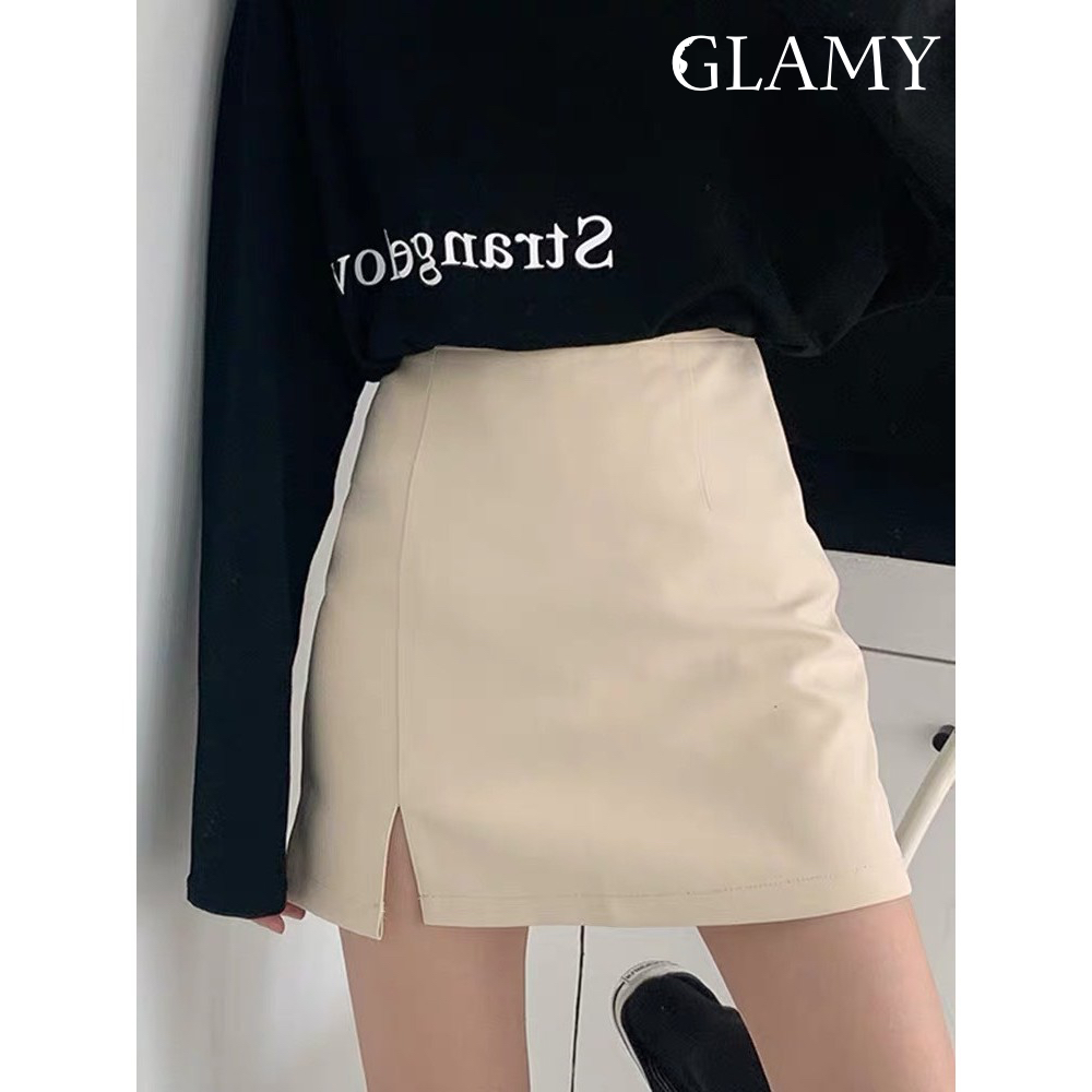Chân váy chữ A xẻ ngắn kèm quần trong GLAMY Chân váy công sở lưng cao xẻ tà màu trơn trẻ trung thanh lịch Cv05