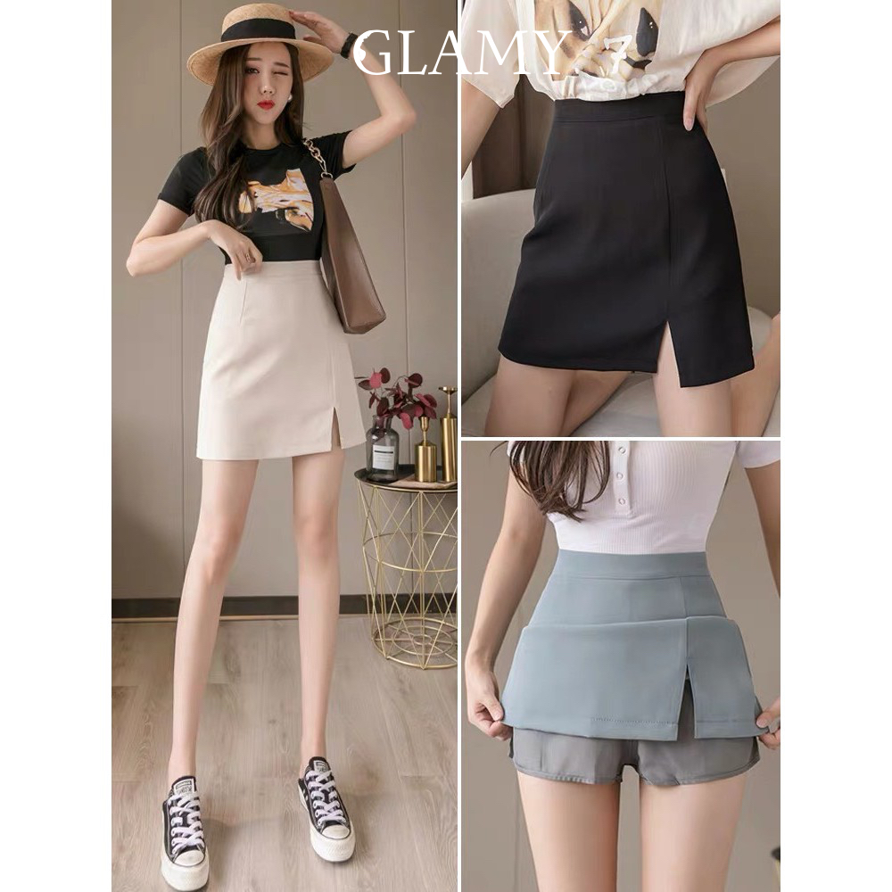 Chân váy chữ A xẻ ngắn kèm quần trong GLAMY Chân váy công sở lưng cao xẻ tà màu trơn trẻ trung thanh lịch Cv05