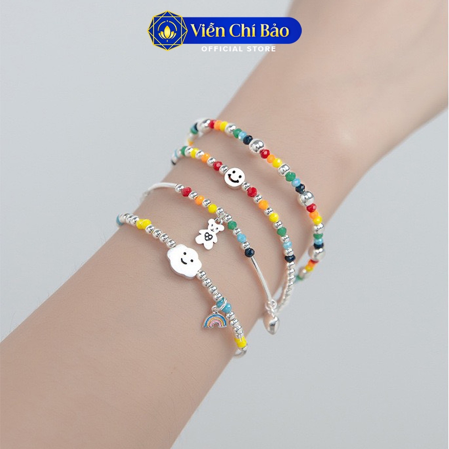 Vòng tay bạc ý Viễn Chí Bảo thiết kế hình mây, mặt cười, gấu mix bi bạc đá sắc màu đáng yêu L400748