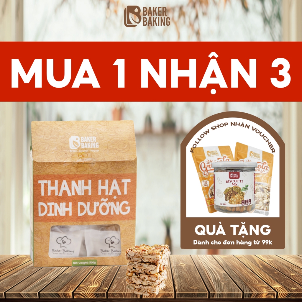 Bánh hạt dinh dưỡng Baker Baking, protein bar không đường, không chất bảo quản, tiện lợi hỗ trợ tập luyện, ăn kiêng 100g