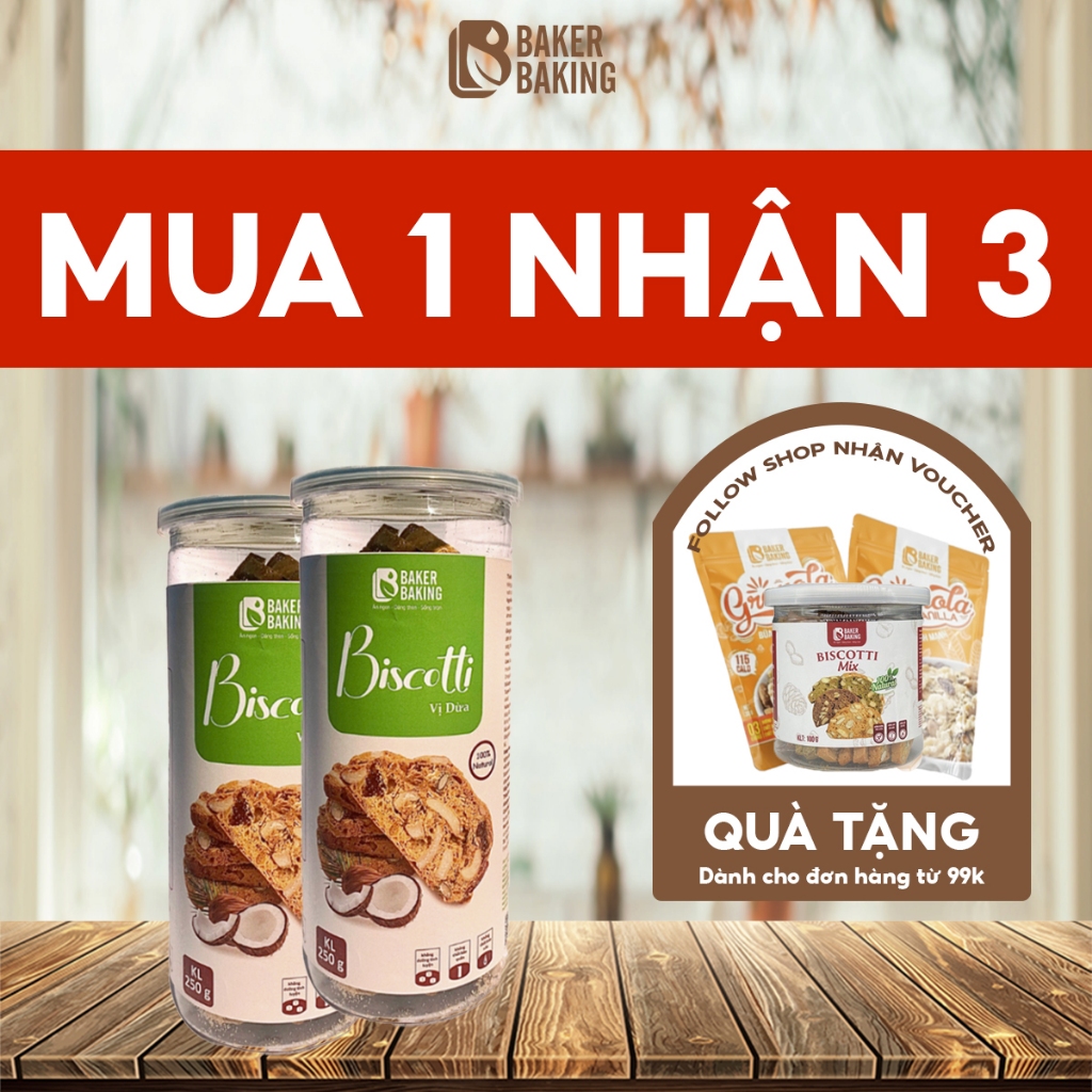 Bánh Biscotti ăn kiêng vị Dừa Baker Baking không đường cho mẹ bầu, người tiểu đường, healthy eatclean ăn vặt 100-250