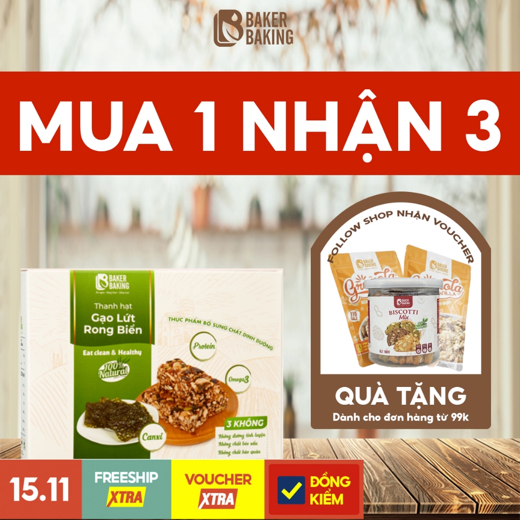 Thanh gạo lứt rong biển Baker Baking không đường, thanh ngũ cốc 70% hạt, 30% gạo lứt tiện lợi cho người ăn kiêng