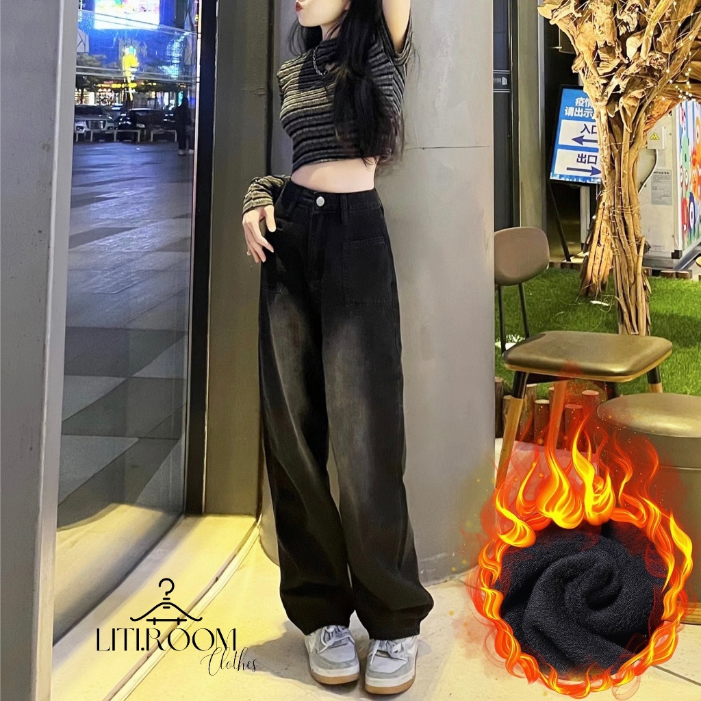 [HÀNG SẴN] Quần Baggy Kaki Nữ Lót Lông Giữ Nhiệt Siêu Ấm, Quần Bò Trơn Ống Suông Form Rộng Cạp Cao