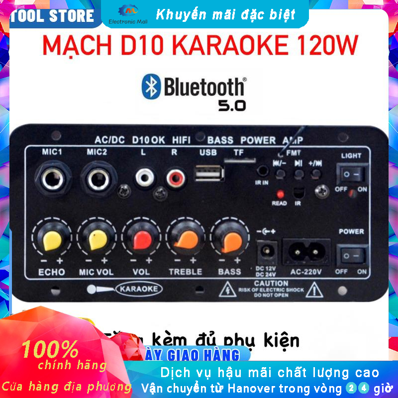 Mạch loa D10 Bluetooth 5.0 hát Karaoke công suất lớn 120w,  lắp loa kéo, chế loa (Tặng kèm đủ phụ kiện),12V/24V/220V