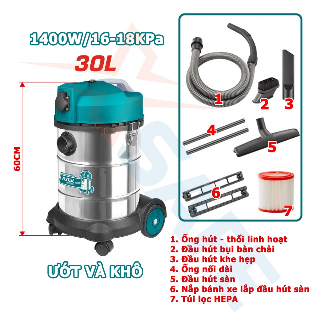 Máy hút bụi TOTAL TVC14301 1400W hút bụi khô và ướt, dung tích 30L, bình chứa thép không gỉ, dây cáp nguồn 2.3m - XSAFE