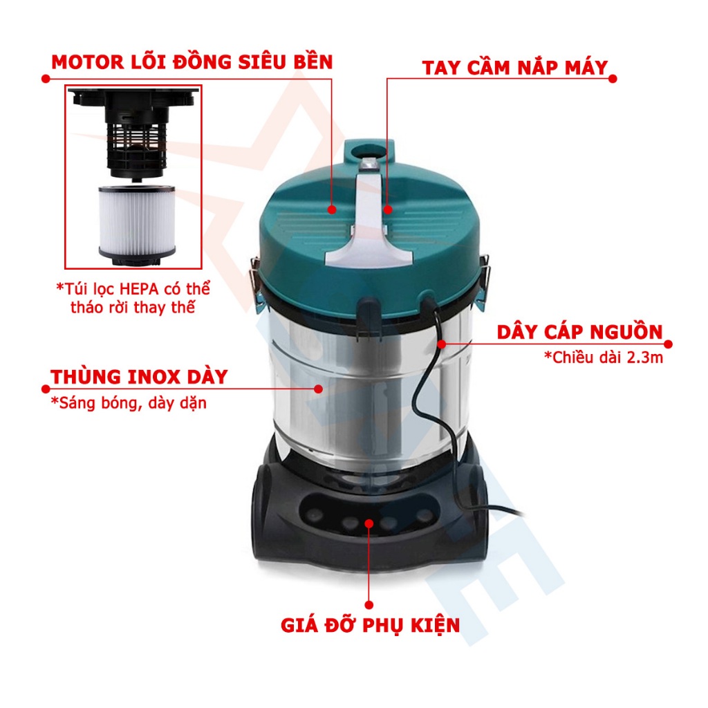 Máy hút bụi TOTAL TVC14301 1400W hút bụi khô và ướt, dung tích 30L, bình chứa thép không gỉ, dây cáp nguồn 2.3m - XSAFE