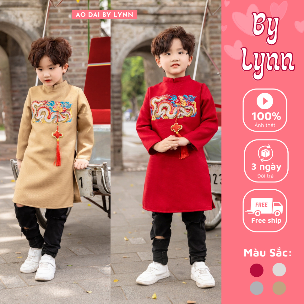 Áo dài cách tân bé trai 💖𝐅𝐑𝐄𝐄 𝐒𝐇𝐈𝐏💖 Áo dài Tết cho bé trai chất liệu lụa cao cấp họa tiết thêu rồng