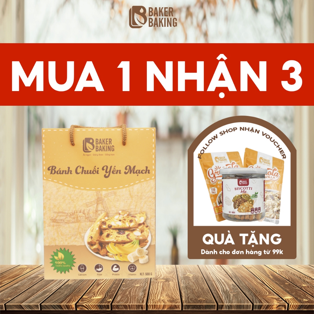 Bánh biscotti ăn kiêng vị chuối yến mạch Baker Baking không đường cho mẹ bầu, người tiểu đường, healthy eatclean ăn vặt