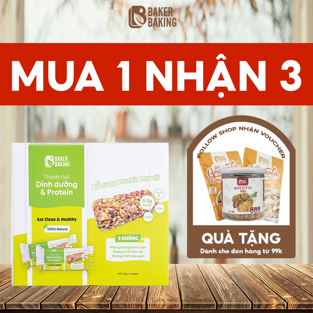 Protein bar Baker Baking bổ sung dinh dưỡng, thanh năng lượng tiện lợi phù hợp ăn vặt, ăn chay, ăn kiêng và tập luyện