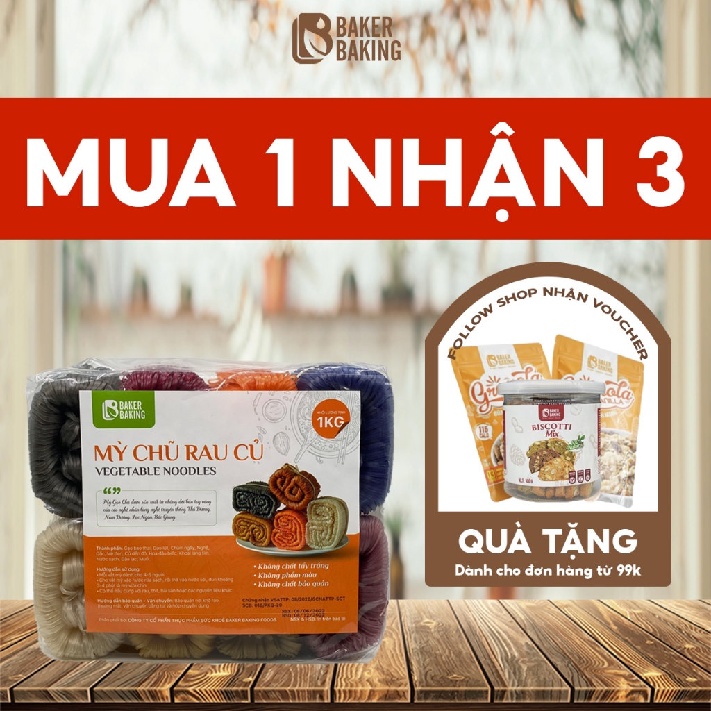 Mì chũ rau củ Baker Baking không chất bảo quản phù hợp cho người ăn chay, bé ăn dặm 1kg