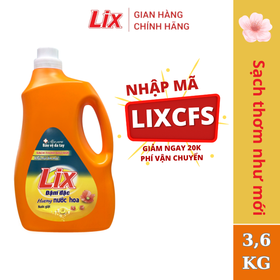 Nước giặt Lix đậm đặc hương hoa chai 3.6kg làm sạch cực nhanh vết bẩn NGH10 tăng gấp đôi sức mạnh giặt tẩy quần áo