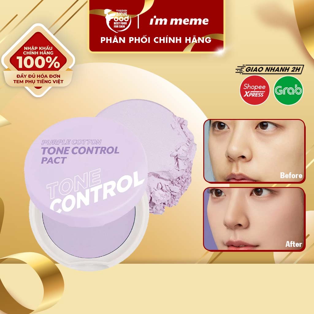 Phấn Phủ Dạng Nén Kiềm Dầu, Nâng Tông, Làm Đều Màu Da I'm Meme Purple Cotton Tone Control Pact 9.5g