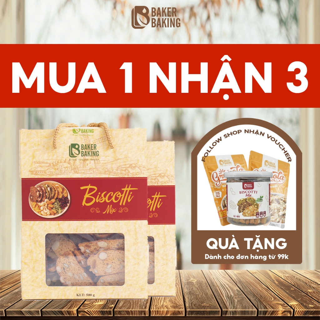 Combo hai hộp bánh Baker Baking biscotti nguyên cám mix 3 vị hỗ trợ ăn kiêng dành cho người ăn kiêng, mẹ bầu, tiểu đường