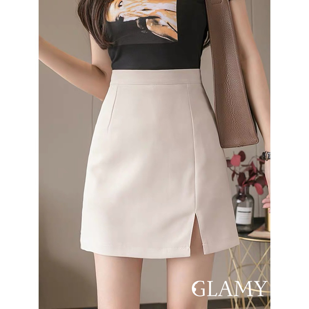 Chân váy chữ A xẻ ngắn kèm quần trong GLAMY Chân váy công sở lưng cao xẻ tà màu trơn trẻ trung thanh lịch Cv05