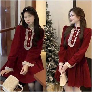 ĐẦM ĐỎ DÁNG XOÈ TÙNG TAY DÀI PHỐI BÈO VOAN CÀI NÚT TAY CHẤT NHUNG CỨNG CAO CẤP