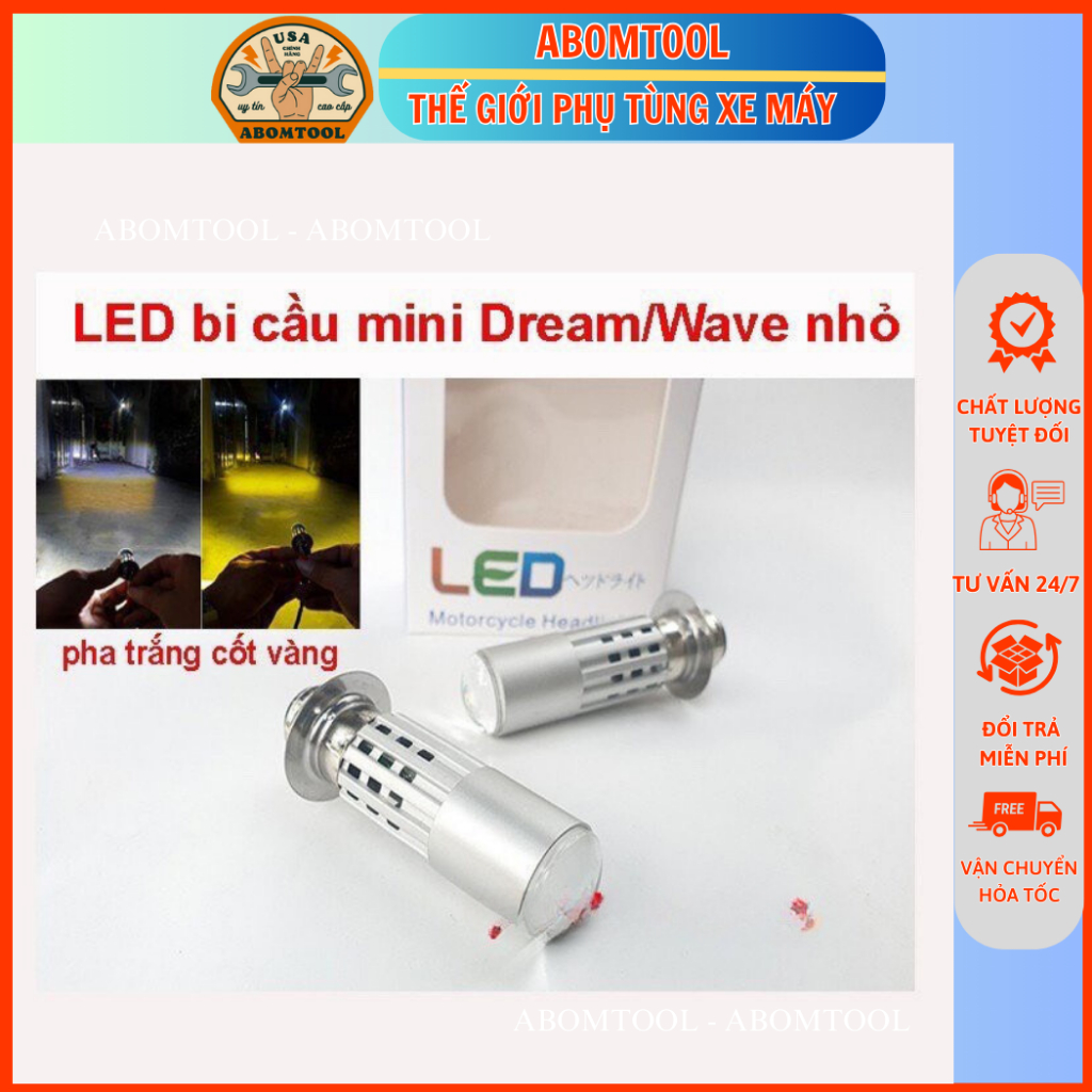 Đèn led xe Dream/Wavezx bi cầu, Đèn Pha Led Bi Cầu 2 màu Chân M5 Cốt Vàng Pha Trắng ABOMTOOL