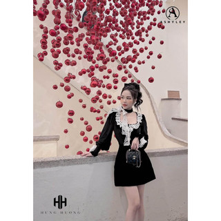 🎄đầm nhung ashyley phối ren kèm chocker cổ ren xinh