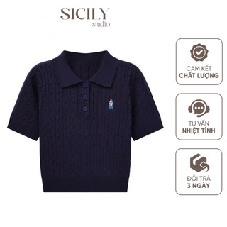 Áo len cổ polo nữ, áo len có cổ nữ dáng ngắn thêu hình gấu Whoau phong cách mùa thu, kiểu dáng hàn quốc Sicily Studio