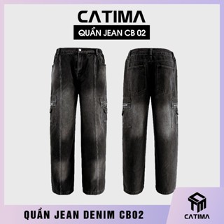 Quần jean unisex túi hộp 2 bên ống suông rộng CB02, Màu Silver Wash Denim khóa kéo - Cạp Bán Chun 2 bên Catima
