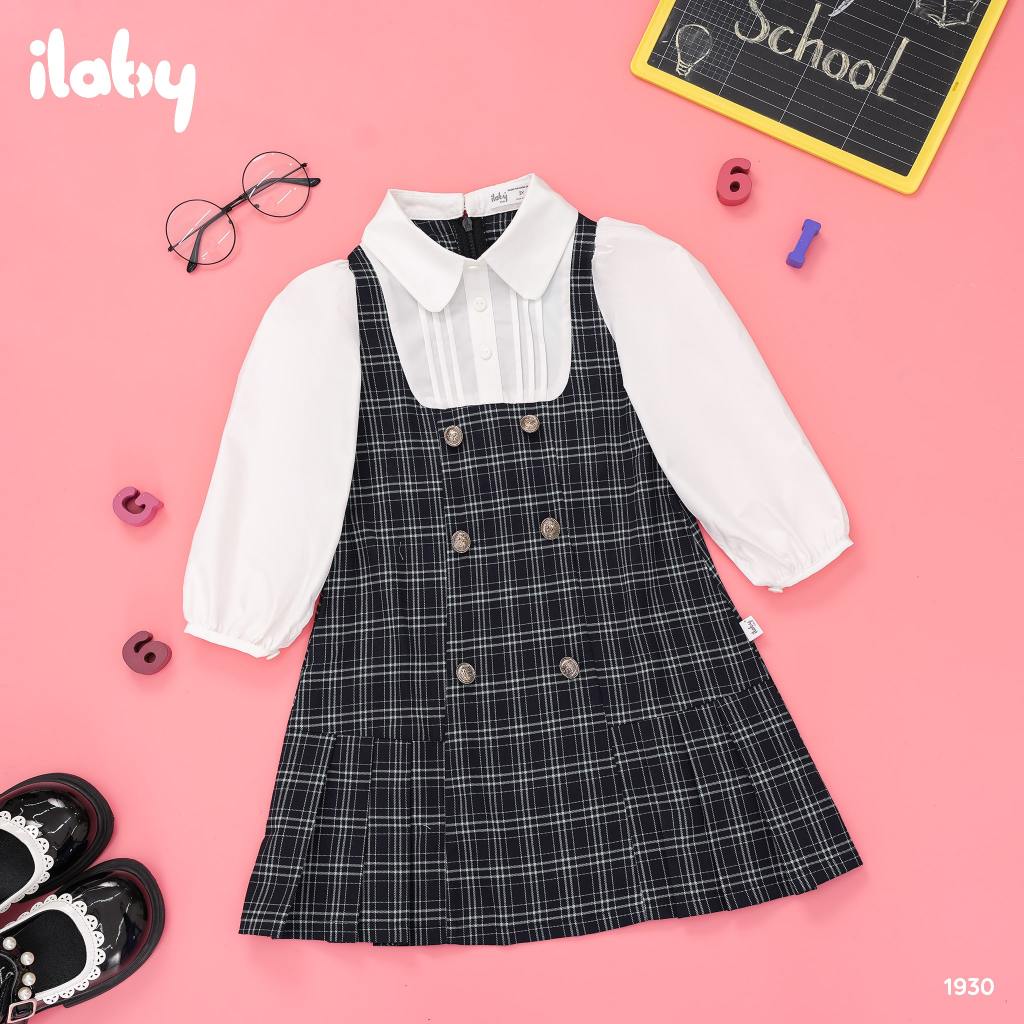 Váy suông đi học bé gái ILABY mix sơ mi chất liệu thô kẻ mềm mại thoáng mát cho bé 13-35kg