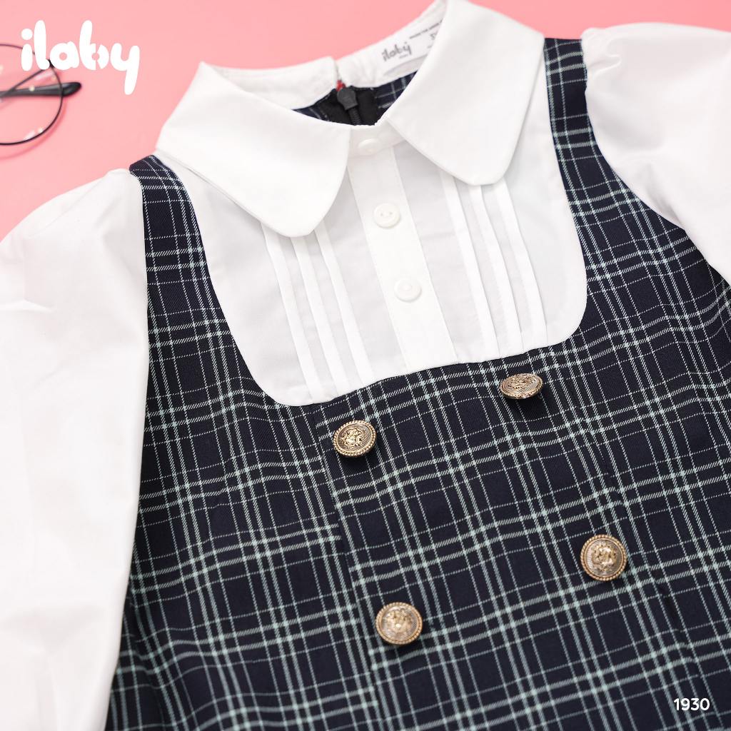 Váy suông đi học bé gái ILABY mix sơ mi chất liệu thô kẻ mềm mại thoáng mát cho bé 13-35kg