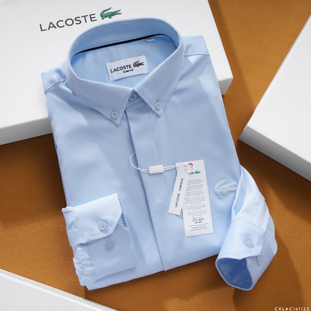 Áo sơ mi tay dài Không Túi GIẤU NÚT LACOSTE LOGO THÊU VẢI COTTON LỤA HIẾM 6 MÀU siêu sang Hàng xịn Cao Cấp
