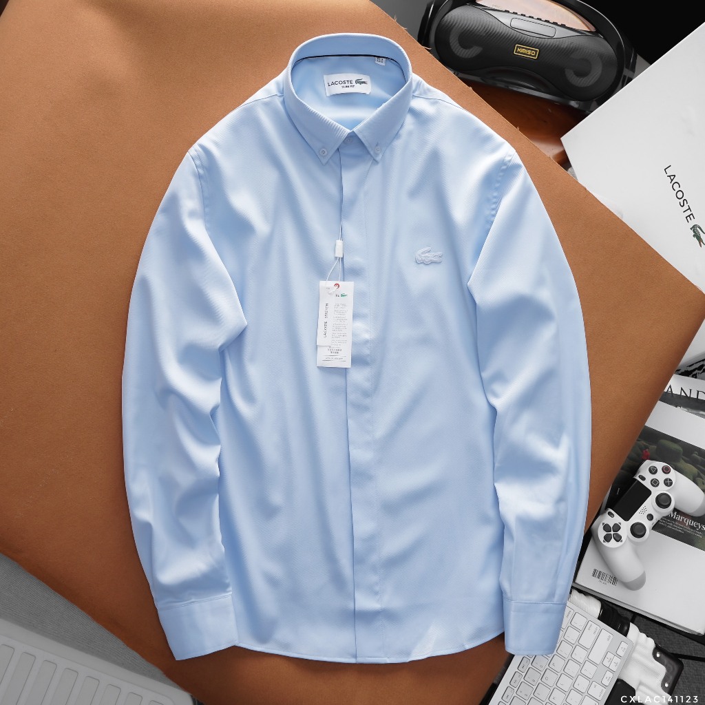 Áo sơ mi tay dài Không Túi GIẤU NÚT LACOSTE LOGO THÊU VẢI COTTON LỤA HIẾM 6 MÀU siêu sang Hàng xịn Cao Cấp