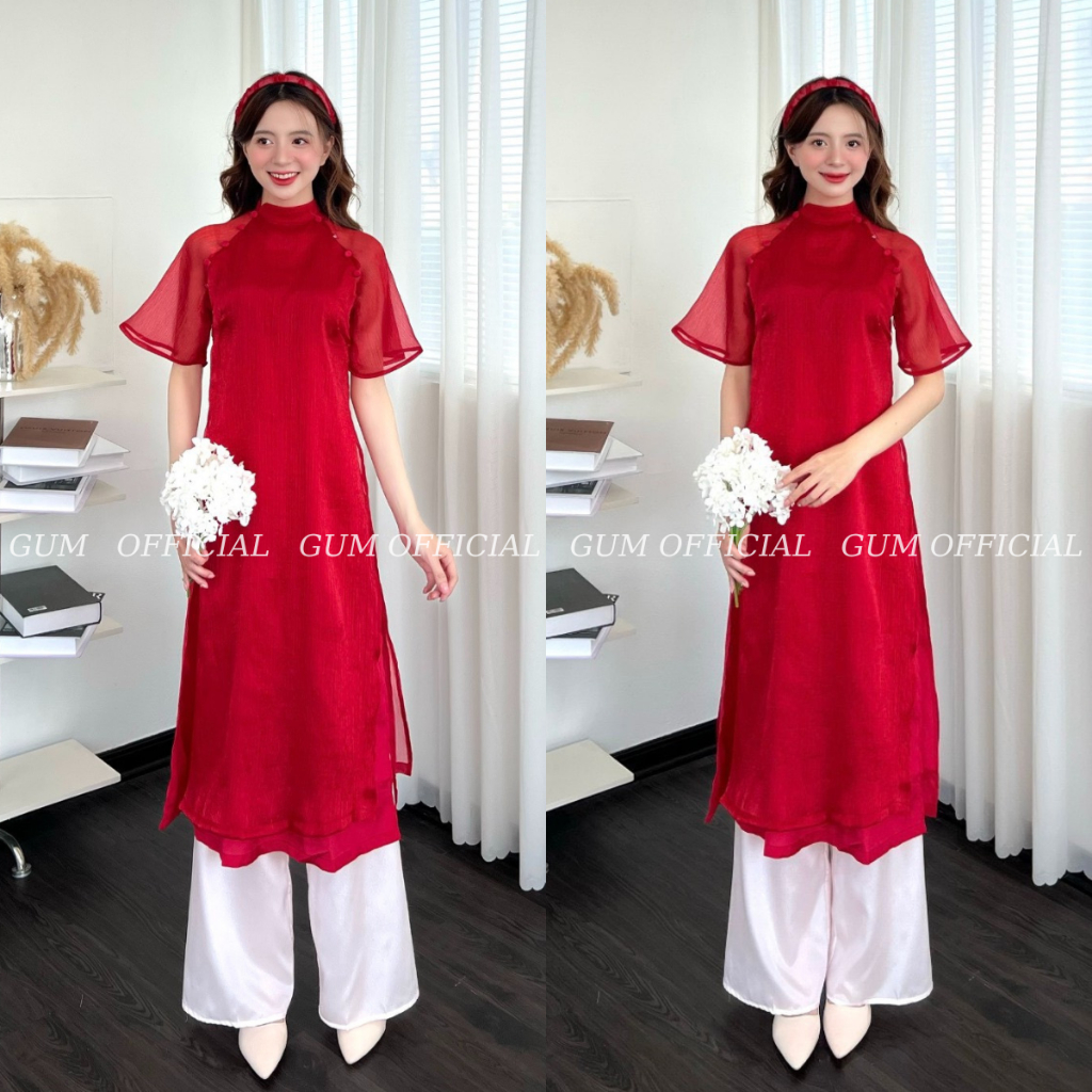 Set áo dài voan tơ trơn cộc tay 2 hàng cúc vai kèm quần GUM OFFICIAL , áo dài cách tân tay lỡ 4 tà lụa mềm