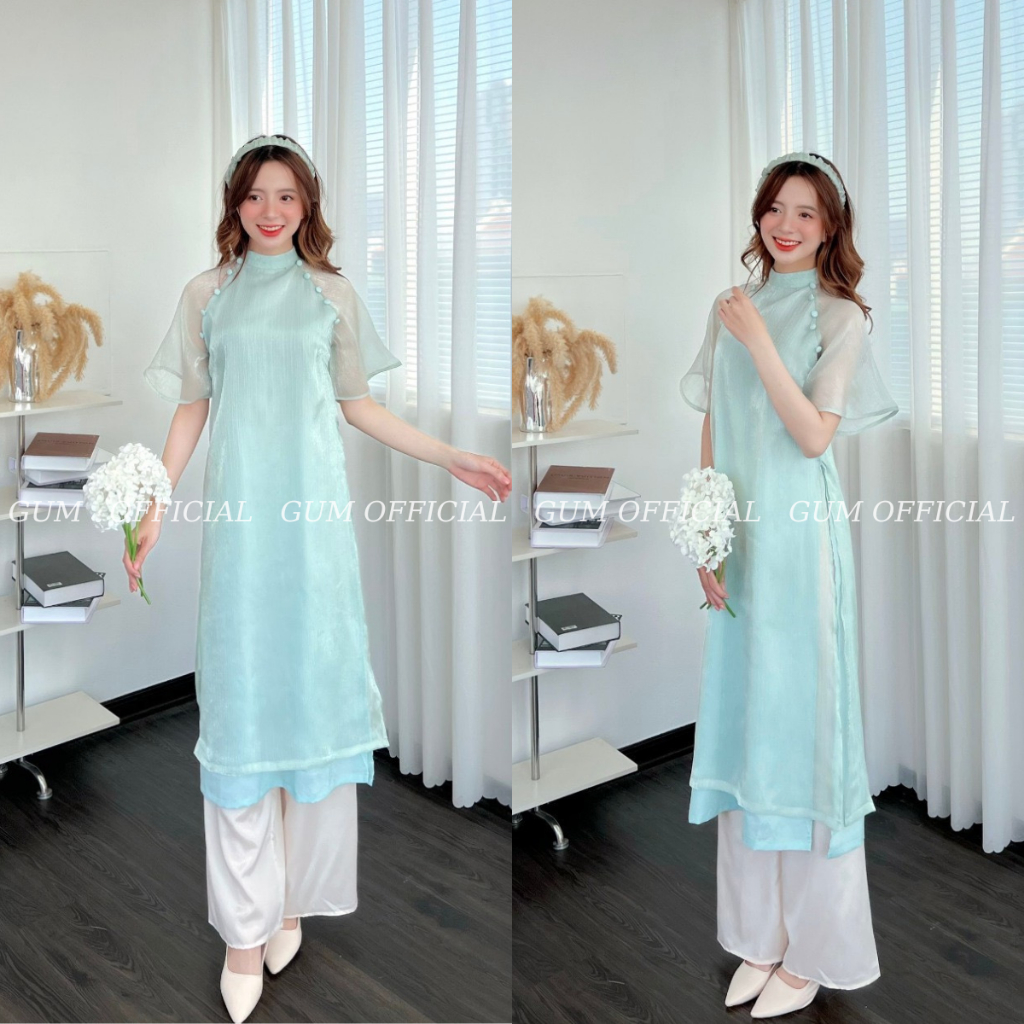 Set áo dài voan tơ trơn cộc tay 2 hàng cúc vai kèm quần GUM OFFICIAL , áo dài cách tân tay lỡ 4 tà lụa mềm