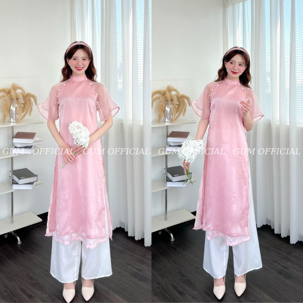 Set áo dài voan tơ trơn cộc tay 2 hàng cúc vai kèm quần GUM OFFICIAL , áo dài cách tân tay lỡ 4 tà lụa mềm