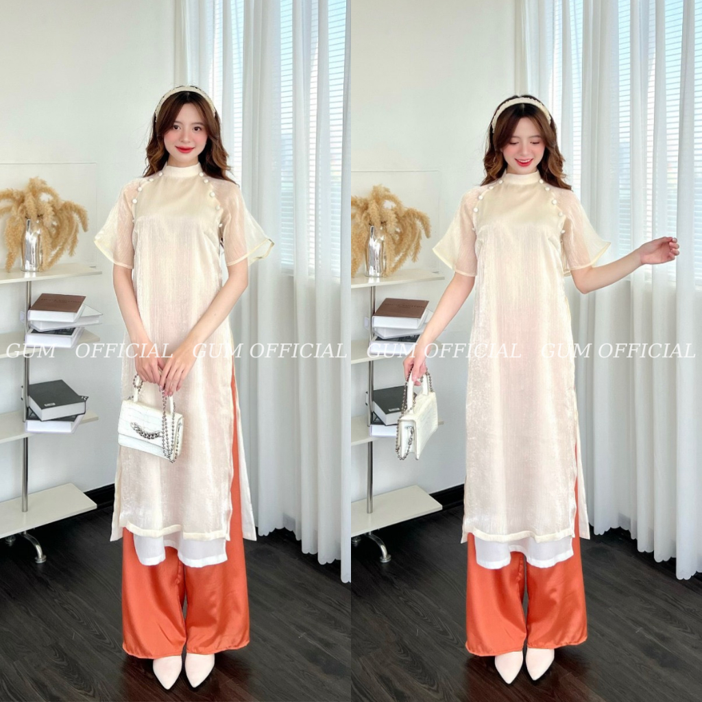Set áo dài voan tơ trơn cộc tay 2 hàng cúc vai kèm quần GUM OFFICIAL , áo dài cách tân tay lỡ 4 tà lụa mềm