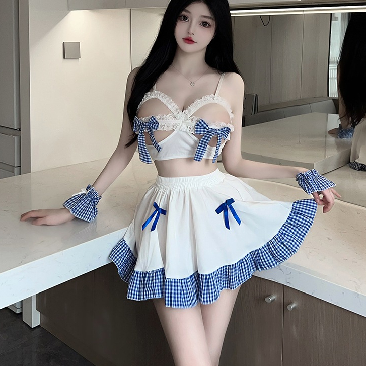 Váy ngủ 2 dây viền KẺ XANH cao cấp gợi cảm 2765