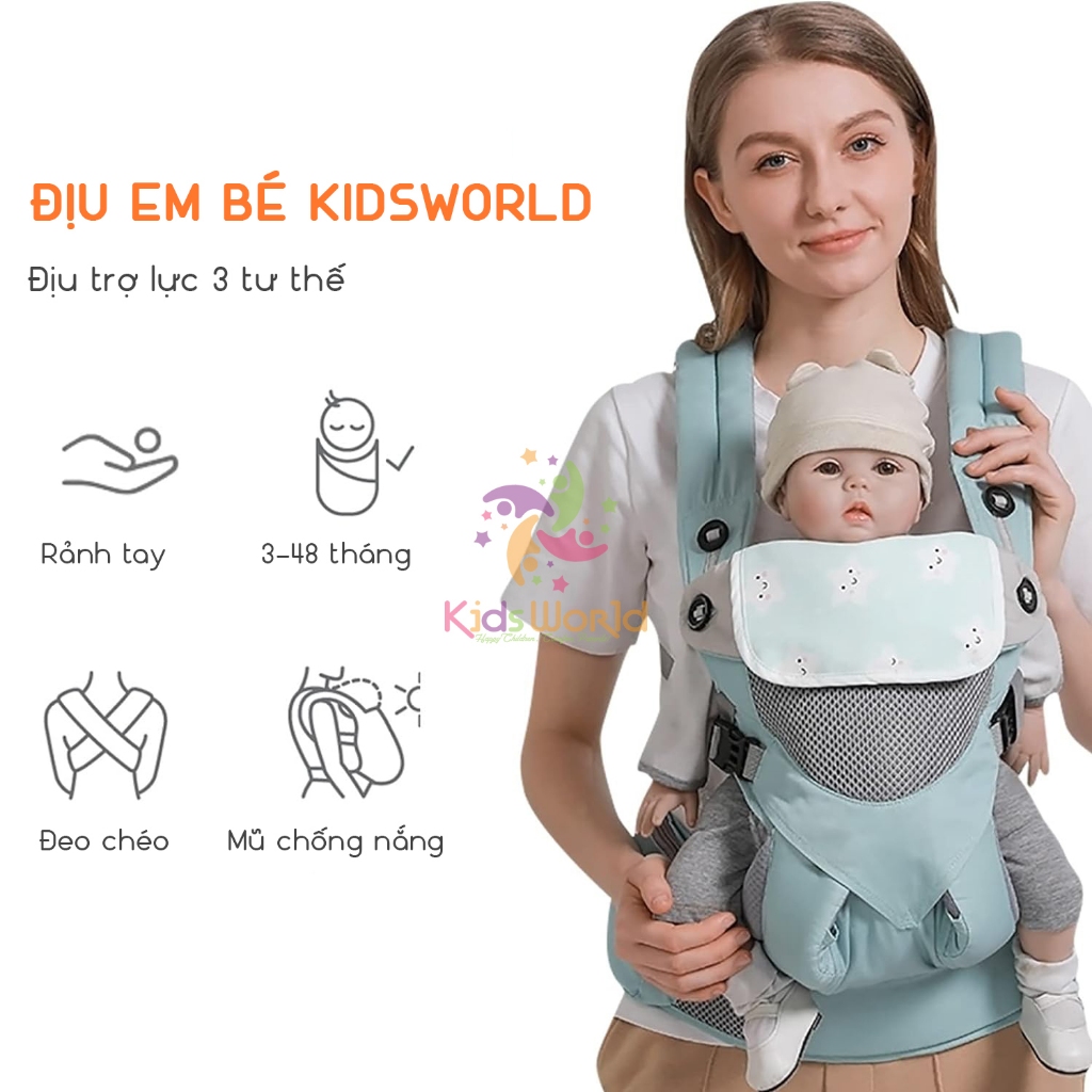 Địu em bé trợ lực KidsWorld 360 Cool Air Mesh thoáng khí có khăn lau nước miếng mũ trùm đầu đỡ đầu đỡ cổ