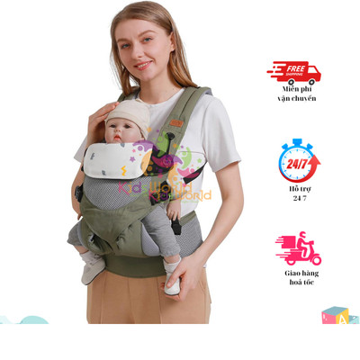 Địu em bé trợ lực KidsWorld 360 Cool Air Mesh thoáng khí có khăn lau nước miếng mũ trùm đầu đỡ đầu đỡ cổ
