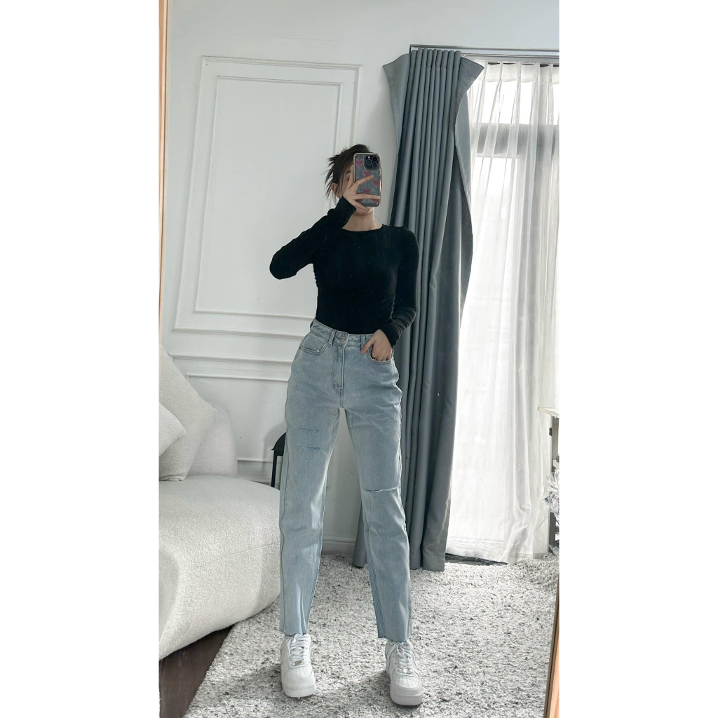 Quần momjean rách lai cắt URATV chất cotton jeans